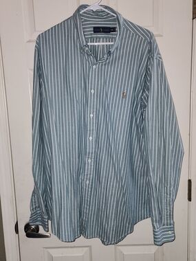 Ralph Lauren Men’s Green and White Vertical Stripe Button-Down Shirt